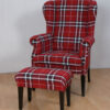 Fotel Uszak wraz z podnóżkiem, czerwona tkanina w kratkę. ZMS Miro