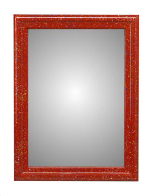 Drewniana rama Eleganza z lustrem w pozycji pionowej. Rama malowana w kolorze czerwonym z różnokolorowymi kropkami.