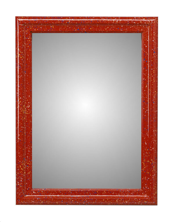 Rama Eleganza z lustrem czerwona w pionie Drewniana rama Eleganza z lustrem w pozycji pionowej. Rama malowana w kolorze czerwonym z różnokolorowymi kropkami.