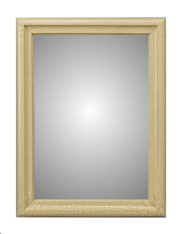 Drewniana rama Eleganza z lustrem w pozycji pionowej. Malowana w kolorze beżowym z efektem krakele.