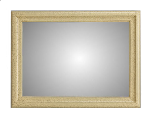 Drewniana rama Eleganza z lustrem w pozycji poziomej. Malowana w kolorze beżowym z efektem krakele.
