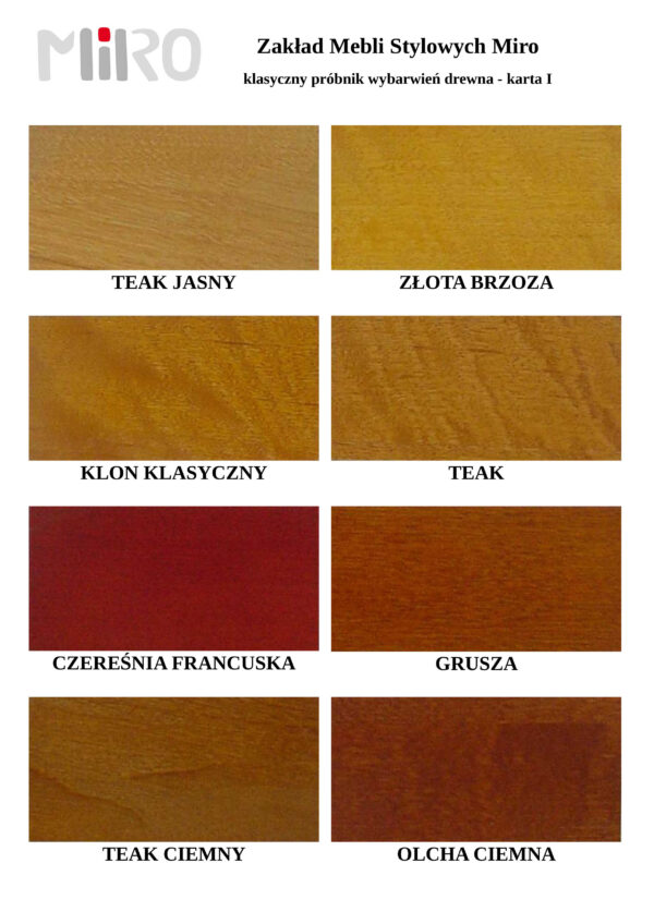 Karta kolorów różnych wybarwień drewna, stosowanych przez firmę ZMS Miro. Karta nr 1 – kolory jasne.