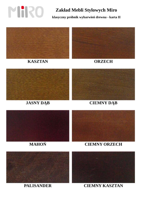 Karta kolorów różnych wybarwień drewna, stosowanych przez firmę ZMS Miro. Karta nr 2 – kolory ciemne.